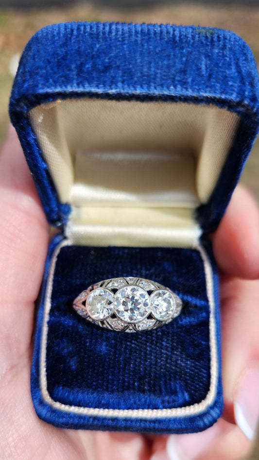 Art Deco Platinum and OEC Diamond Trilogy Ring